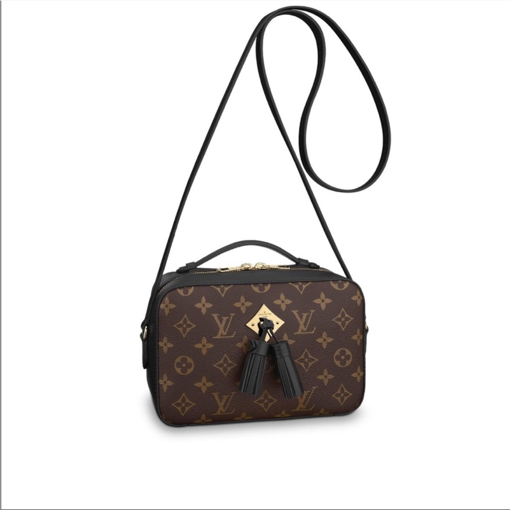 Louis Vuitton Saintonge in monogram with black leather strap and detailing.